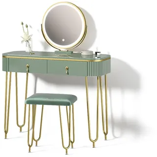 Livinity® Schminktisch Isonca Grün mit LED Beleuchtung und Hocker , Holzwerkstoff , 3 Fächer , 2 Schubladen , Rechteckig , 100x126x40 cm , Schlafzimmer, Schminktische