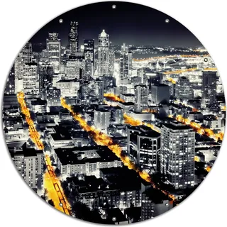 Wallario rundes Outdoor-Poster für Garten oder Balkon, Motiv Großstadt bei Nacht - Seattle in schwarz weiß gelb, 120 cm Durchmesser - Schwarz