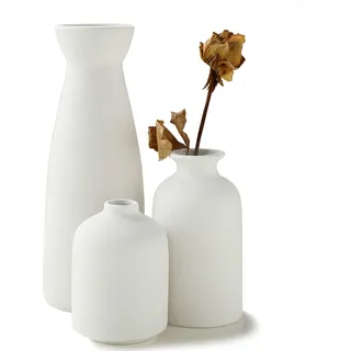KIOXOHO Weiße Keramikvasen-Set, 3 kleine Blumenvasen für Dekoration, Moderne rustikale Bauernhaus-Heimdekoration, dekorative Vase für Pampasgras und getrocknete Blumen, Diele, Bücherregal-Dekoration