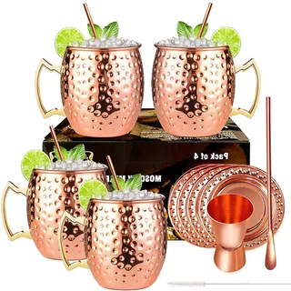LIVEHITOP Moscow Mule Becher 4er Set, Kupferbecher Set mit 1 Jigger, 4 Kupfer Untersetzer, 4 Strohhalme, 1Bar Löffel für Trinken, Party, Bar, Geschenk