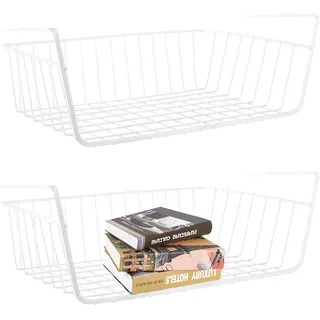 ASelected 2 Stück Unterregal Aufbewahrungskorb, Hängekorb Regal Weiß, Unterschrank Hängekorb Metall für Küche, Speisekammer, Schreibtisch, Bücherregal, 37x24x11cm