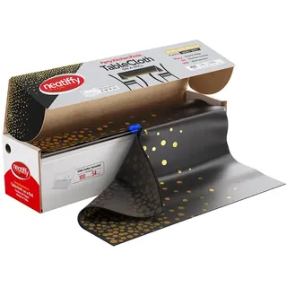 Neatiffy 137 cm x 30 m Einweg-Tischdecke aus Kunststoff, Party-/Bankett-Tischdecke, Tischdecken für rechteckige/runde/quadratische Tische, entspricht 12 Picknick-Packungen (schwarz-goldene Punkte)