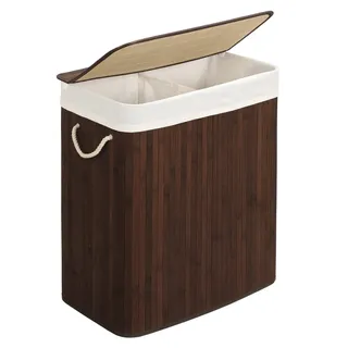 Songmics Wäschekorb 2 Fächer, 100 L Wäschesammler mit Deckel, Wäschebox Bambus, mit Griffen, faltbar, Wäschesack herausnehmbar maschinenwaschbar, Waschküche, braun