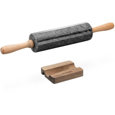 Navaris Teigrolle und Ablage - Marmor Stein Nudelrolle mit Holzgriffen - Set aus Nudelholz und Handy Halterung - Ständer für Fondantrollen - schwarz