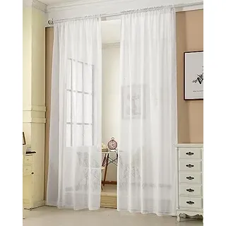WOLTU 2er Set Gardinen, Vorhänge für Wohnzimmer Kinderzimmer Schlafzimmer, mit Kräuselband, Leinenoptik, Halbtransparent Voile, 140 x 175 cm, Weiß