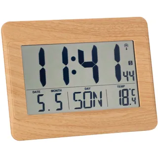 TFA Dostmann Wanduhr digital, 60.4519, Funkuhr mit Innentemperatur, Wochentag (8 Sprachen), Datum, Zeitzoneneinstellung, Kunststoff, (L) 215 x (B) 160 x (H) 26 (68) mm (Holzoptik)