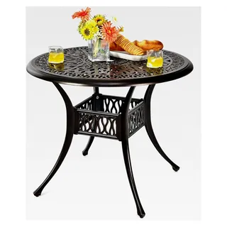 Runder Gartentisch mit Schirmloch, Ø 90 cm, aus Aluminiumguss, wetterfester Terrassentisch für Garten, Terrasse und Balkon, antike Optik, 90 x 90 x 72 cm
