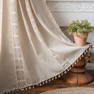 sutuo home Boho-Vorhang Stangendurchzug 1 x 245 cm Beige/Weiß