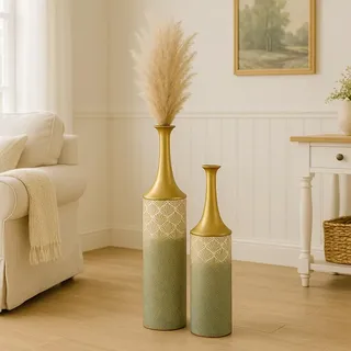 Leewadee Bodenvase Set (2 Stück) mit abnehmbarem Deckel - Moderne, große, hohe Deko-Vasen in Gold, 65/55 cm - für Wohnzimmer, Flur, Kamin & Büro - für Pampasgras, Trocken- & Kunstzweige