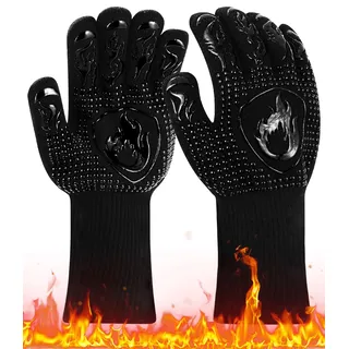 Grillhandschuhe Hitzebeständig bis 800 Grad Topfhandschuhe Ofenhandschuhe hitzebestaendig Feuerfeste Kochhandschuhe Backhandschuhe BBQ Handschuhe zum Indoor Outdoor Backen, Kochen, aus Aramid,Schwarz