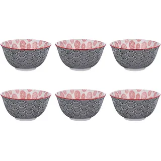 Butlers Schalen 6er-Set Ornaments 520 ml , Schwarz, Rot , Keramik , 14x7x14 cm , Geschirr, Schalen & Schüsseln
