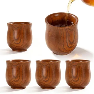 WIYETY 4 Stück Holzbecher 200ml, Naturholz Trinkbecher Holz, Flachboden Design Holztassen Schlicht, Becher für Kaffee, Holz Tee Set, Holzbecher Kaffee, für Zuhause und Büro - Dunkelbraun