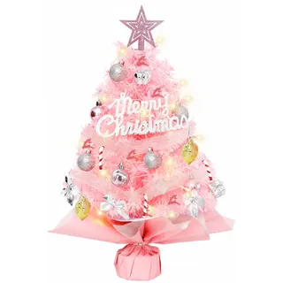 LED Künstlicher Weihnachtsbaum Klein, Rosa Weihnachtsbaum Geschmückt mit Beleuchtung, Hängenden Ornamenten, Baumwipfel-Stern, Mini Lichter Christbaum Baumschmuck, DIY Weihnachtsdeko Innen Außen