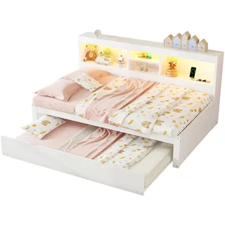Massivholzbett mit Gästebett, 90x200 cm, Einzelbett mit LED-Beleuchtung, Mehrfachsteckdose und Lattenrost, Jugendbett - Weiß