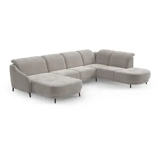 CAVADORE Wohnlandschaft Blue, Sofalandschaft mit Longchair im modernen Design, inkl. kopfteilverstellung, Vorziehsitz motorisch, Klapptisch, USB-Anschluss, mattschwarzen Metallfüßen, Hellgrau