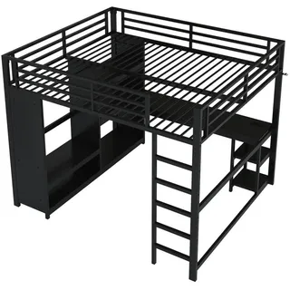 Wishdor Hochbett 160/200 cm in Schwarz mit Led, Schreibtisch und offenem Kleiderschrank , Metall , Rechteckig , 160x200 cm , Babymöbel & Kindermöbel, Kinderzimmer & Jugendzimmer, Kinderbetten, Hochbetten