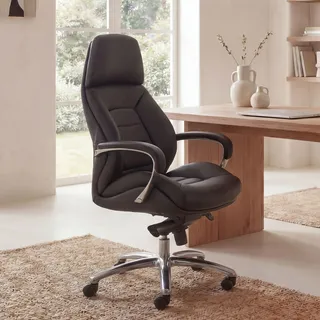 FineBuy Designer Bürostuhl Schwarz Bezug Echtleder Schreibtischstuhl bis 120 kg XXL Chefsessel höhenverstellbar Drehstuhl ergonomisch mit Armlehnen - Schwarz