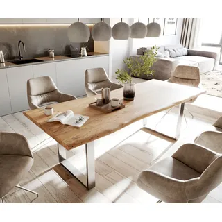 DELIFE Esstisch Edge 240x100cm Akazie Natur Edelstahl schmal Live-Edge - Silber, Hellbraun, Braun