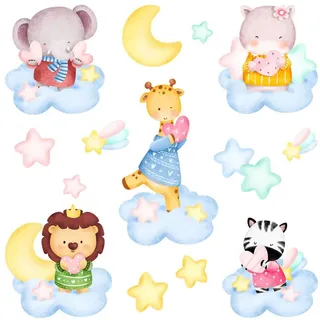 Wallfluent Wandaufkleber 130x199cm - Tiere in den Wolken , Multicolor , Kunststoff , Rechteckig , 130x199x0.1 cm , Tapeten & Wandverkleidungen, Wandtattoos & Sticker, Wandtattoos
