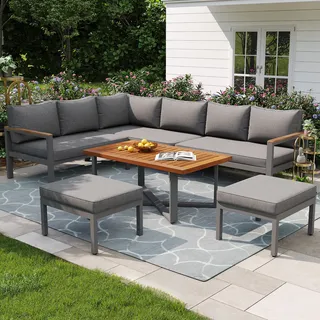 Flieks Gartenloungeset Gartenmöbelsets 8 Personen, Doppelsofas mit Bank und Gartentisch, Balkonmöbel-Set Lounge Gartenmöbel 6 tlg., Sitzgarnitur Grau - Grau