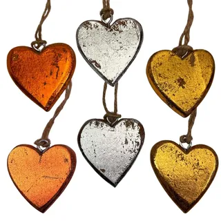 Marzoon Massive Holzherzen zum Hängen im 6er Set je 4 x 5 cm - Rustikale Deko Herzen im Shabby Chic Look mit Metalleffekt in Silber, Bronze & Gold