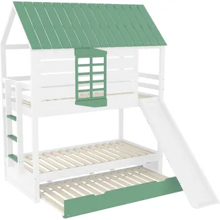 90X200 Haus-Etagenbett mit Rutsche und Ausziehbett, Weiß+Grün