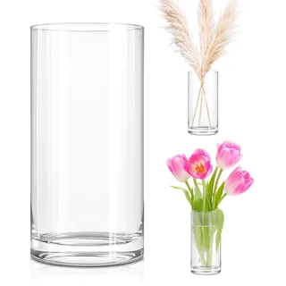 LOMUG Glasvase Zylinder, 20 cm Hohe Gross Klar Glasvase Rund Schmale Vase Klarem Blumenvase Zylindrisch Glas Vase für Moderne Heimdekoration Hochzeit-Mittelstücke, Flowervase für Pampasgras, Tulpen
