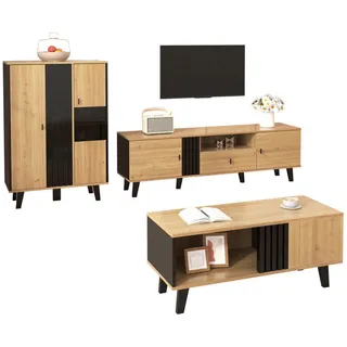 Redom Sideboard in Holzoptik und Schwarz mit 3 Türen, Glasfront und LED-Innenbeleuchtung, 140/41/78,5 cm, Holzoptik und Schwarz , Naturfarben , Holzwerkstoff , 78.5x41x140 cm , Kleinmöbel, Kommoden, Sideboards