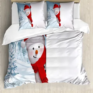 ABAKUHAUS Schneemann Bettbezug, Lustige Peaceful Woods, Milbensicher Allergiker geeignet mit Kissenbezügen, 155 cm x 220 cm - 80 x 80 cm, Rot Weiß Blaugrau - Weiß