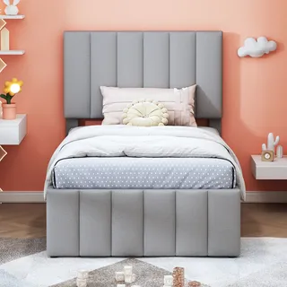 MODFU Polsterbett Funktionsbett mit Rollbett und Stauraumschubladen (hautfreundliche Leinenpolsterung 90 x 200 cm), ohne Matratze - Grau