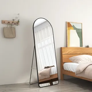 EMKE Standspiegel 160x60cm Ganzkörperspiegel Schwarz Aluminium Rahmen Spiegel Gewölbter Ankleidespiegel mit Explosionsgeschützte Fensterfolie - Schwarz