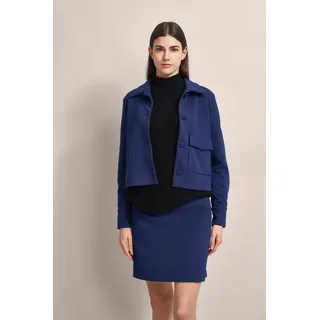 Kurzjacke BUGATTI, Damen, Gr. 46, blau (marine), 59% Polyester, 38% Baumwolle, 3% Elasthan, unifarben, normal, 1-Knopf-Manschette, Jacken Kurzjacke, mit aufgesetzter Tasche