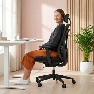 hjh OFFICE Profi Bürostuhl Vivadapt – Ergonomischer Drehstuhl mit Verstellbarer Kopfstütze, 3D Armlehnen, Sitztiefenverstellung, Synchronmechanik, Schwarz