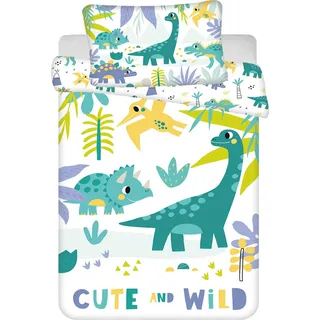 Jerry Fabrics Dino Niedlich und Wild Babybettwäsche 100x135, 40x60 cm - Weiß, Blau, Grün, Gelb