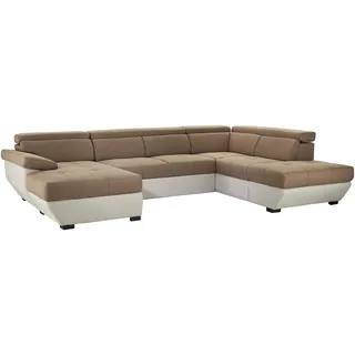 Mivano U-Form-Schlafsofa Speedway, Moderne Wohnlandschaft mit Bett, Stauraum und verstellbaren Kopfteilen, 332 x 79 x 222, Zweifarbiger Bezug, Braun/Hellgrau
