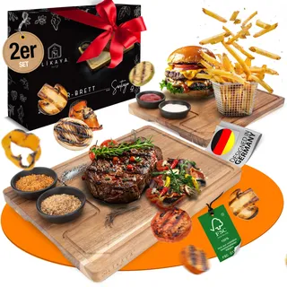 LIKAYA® Servierbrett XXL 'Santiago' 2er Set aus FSC® zertifiziertem Akazien-Holz mit Saucen Schüsseln - perfekt als Grillbrett, Grill Zubehör und Geschenk für Steak, Burger & Sushi!