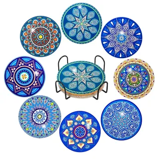 8 Stück Diamond Painting Untersetzer mit Halter, Diamond Painting, Wiederverwendbare DIY Blaues Mandala Tassenuntersetzer mit Diamanten und Montagewerkzeuge fur Tassen,Vasen, Kerzen Dekoratio