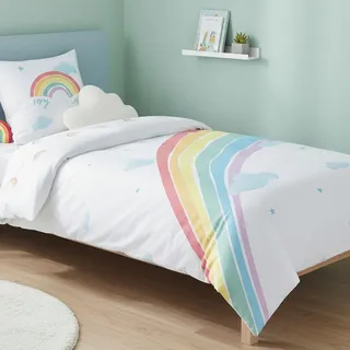 MTOnlinehandel Kinder Bettwäsche 135x200 + 80x80 – Happy Rainbow – Wendemotiv mit Wolken, Sternen & Herzen – 100% Baumwolle (Renforcé), hautfreundlich & atmungsaktiv, mit Reißverschluss, ÖKO-TEX