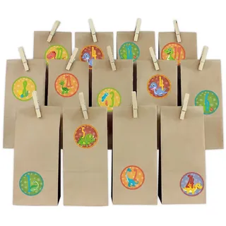 Adventskalender Set Dinos Rund mit Papiertüten und Holzklammern Y067