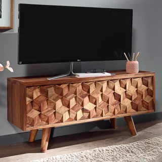 FineBuy Lowboard Sheesham Massivholz 92x44x35 cm TV-Kommode mit Klapptür TV-Schrank Hoch Fernsehtisch Fernsehschrank Modern Fernsehkommode Wohnzimmer - Braun