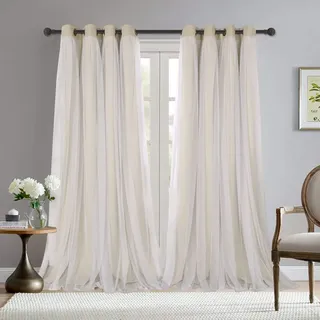 BONZER Mix and Match Verdunkelungsvorhänge mit Ösen, doppellagig, mit weißem, durchscheinendem Voile-Vorhang für Wohnzimmer, Beige, 132 x 244 cm, 2er-Set Paneele