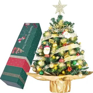 WINOK Mini Weihnachtsbaum 60cm, Kleiner Weihnachtsbaum mit Beleuchtung LED Tisch Weihnachtsbaum klein künstlich geschmückt für Weihnachtsdeko und Partybedarf - Grün