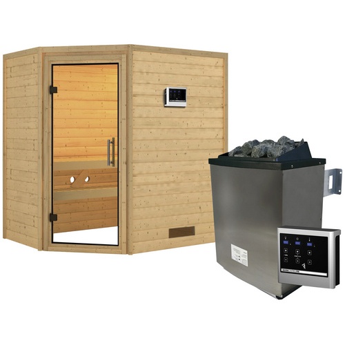 Bild von Karibu Sauna Svea Eckeinstieg, 9 kW Saunaofen mit externer Steuerung, für 3 Personen - braun