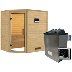 Bild Karibu Sauna Svea Eckeinstieg, 9 kW Saunaofen mit externer Steuerung, für 3 Personen - braun