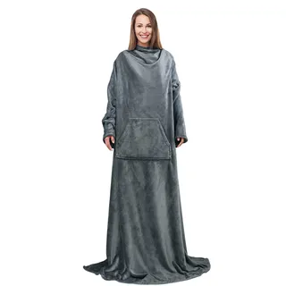 Catalonia Classy Decke mit Ärmeln und Kapuze als Geschenk für Frauen Herren, Flauschig Fleece Kuscheldecke mit Ärmeln, Cozy Warm Decke zum Anziehen Ärmeldecke Erwachsene, 185x140cm, Grau