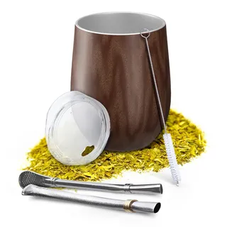 Aquafloow Doppelwandige Yerba Mate Tasse 350 ml + 2 Stücke Stahlstrohhalme, Yerba Mate Becher | BPA-Freien Decke, Tee Set aus Rostfreiem Edelstahl für Mate, Yerba - Braun