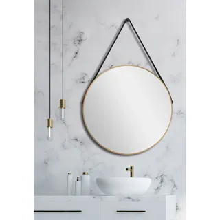 Wandspiegel rund Talos Gold Style Matt Ø 50 cm – Badspiegel mit Aufhängegurt in Lederoptik – hochwertiger umlaufender Aluminiumrahmen in gold – Badezimmerspiegel - Gold