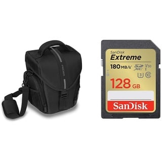 Pedea DSLR-Kameratasche *Essex* Fototasche für Spiegelreflexkameras mit wasserdichtem Regenschutz & SanDisk Extreme SDXC UHS-I Speicherkarte 128 GB