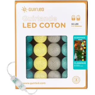GuirLED - LED Baumwollkugeln Lichterkette USB - Baby Nachtlicht 2h - Dual USB 2A Netzteil enthalten - 3 Intensitäten - 32 Kugeln 3.2m - Skandinavisch