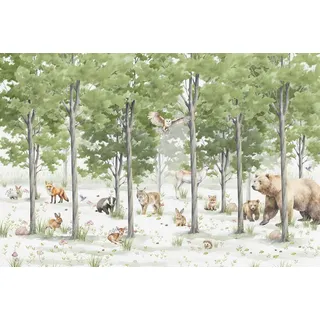 A.S. Création Fototapete Wildlife 3,75 m x 2,50 m - WALLLOVE Wald-Tapete Kinderzimmer in Grün, Braun, Beige inkl. Kleister - DD129593